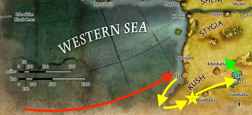 Une carte montrant la trajectoire suivie par les personnages pour rejoindre la Vallée de Set, à travers Kush