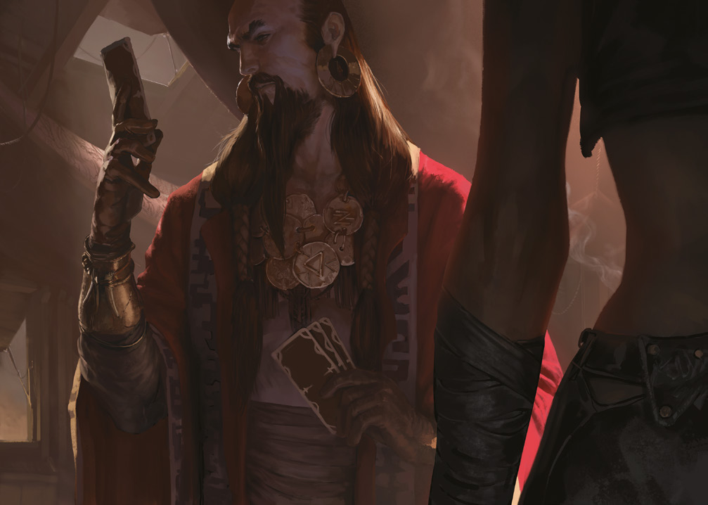 {Le portrait d'un homme élégant et décadent, vêtu d'une tunique ample de soie rouge, avec une carte de tarot dans la main}