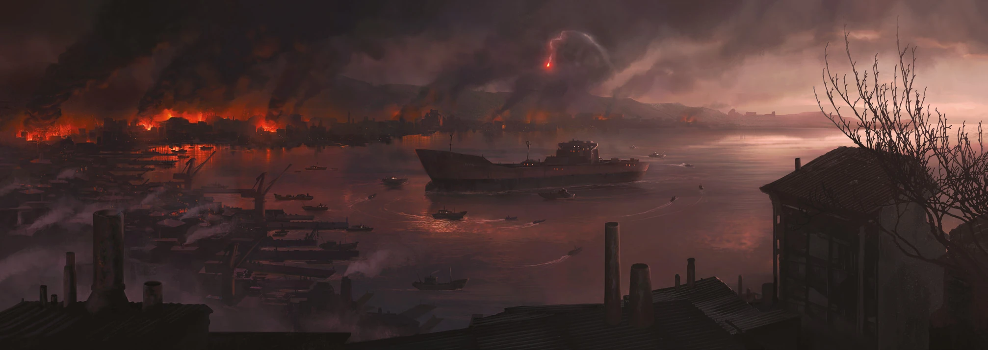 {Une illustration de la baie de Toulon, le ciel enflammé. Un vaste paquebot mouille en son centre, encerclé par une multitude de petits navires alors que des explosifs retentissent dans la ville, au loin.}