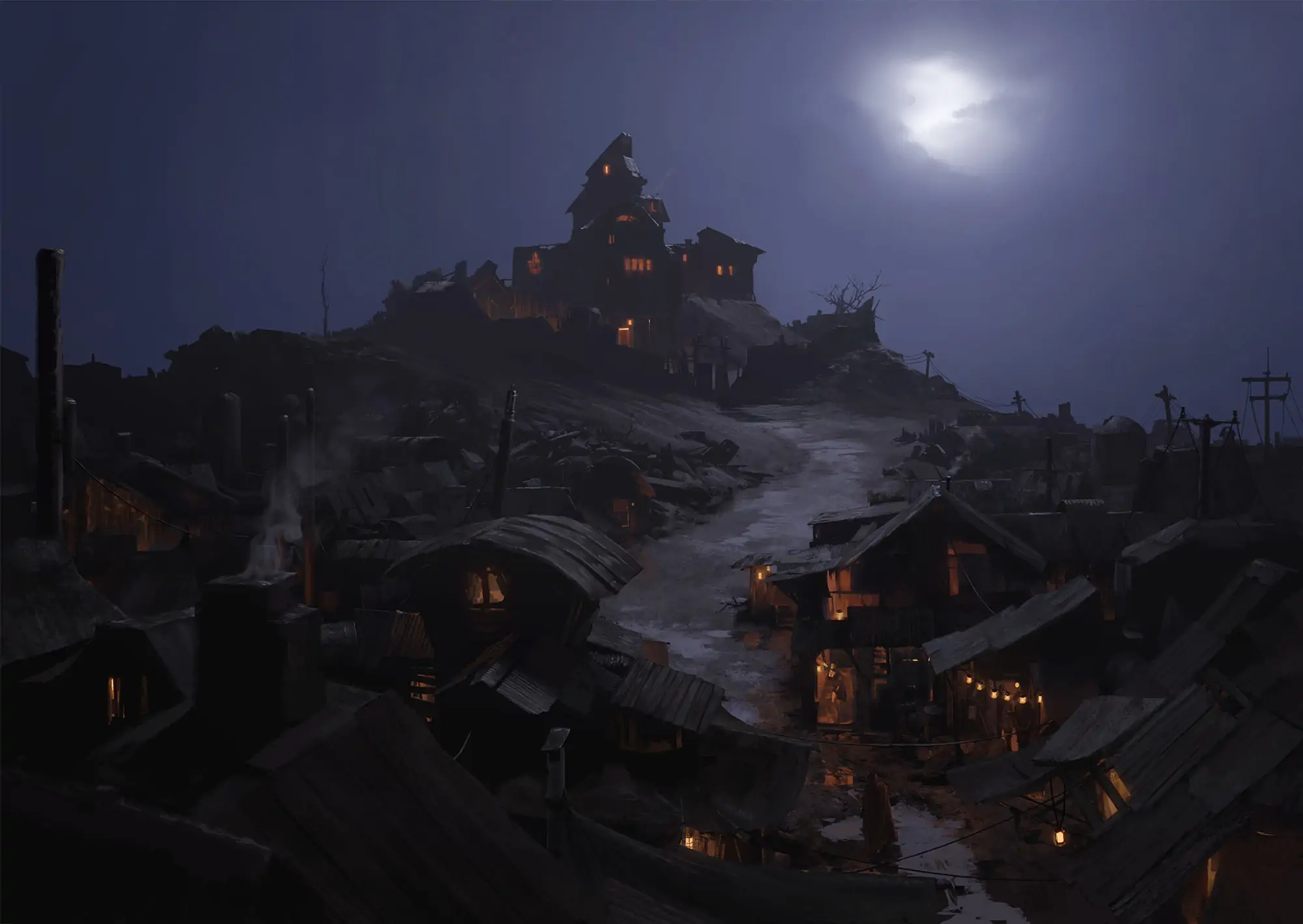 saint-chenil.webp {Image représentant un orphelinat sinistre au sommet d'une butte dans le quartier dévasté de Saint Chenil, de nuit}
