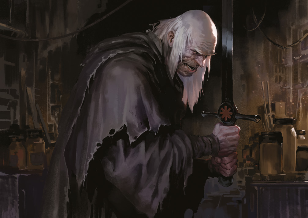 wachsmann.png {Un vieil homme vêtu d'une toge noire, tenant une épée qui l'est tout autant. Il affecte de long cheveux blancs malgré sa calvitie, ainsi qu'un sourire mauvais}