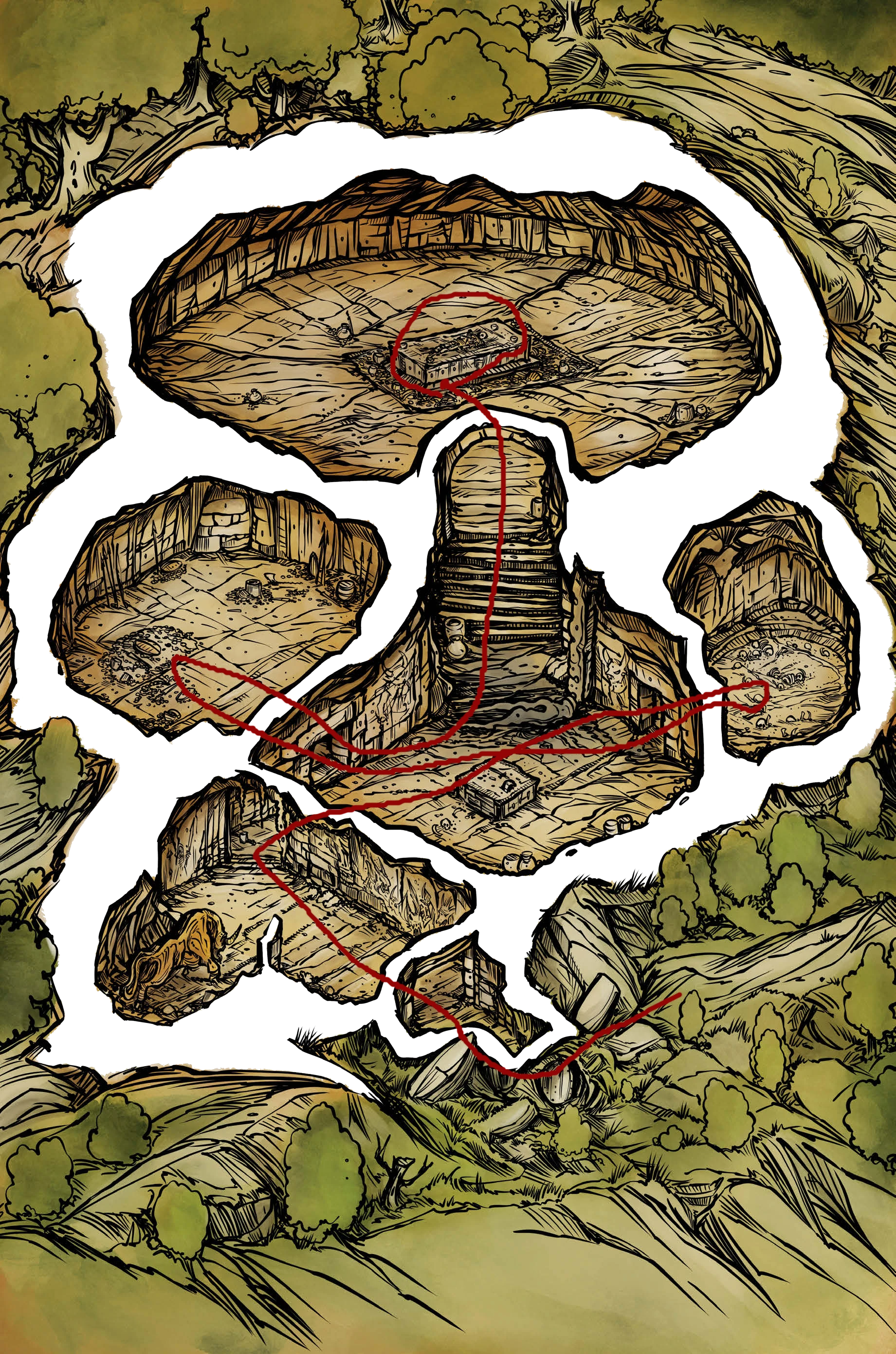 {Un plan du Mirim, constitué des cinq salles principales, visitées en ordre par les Chacals}