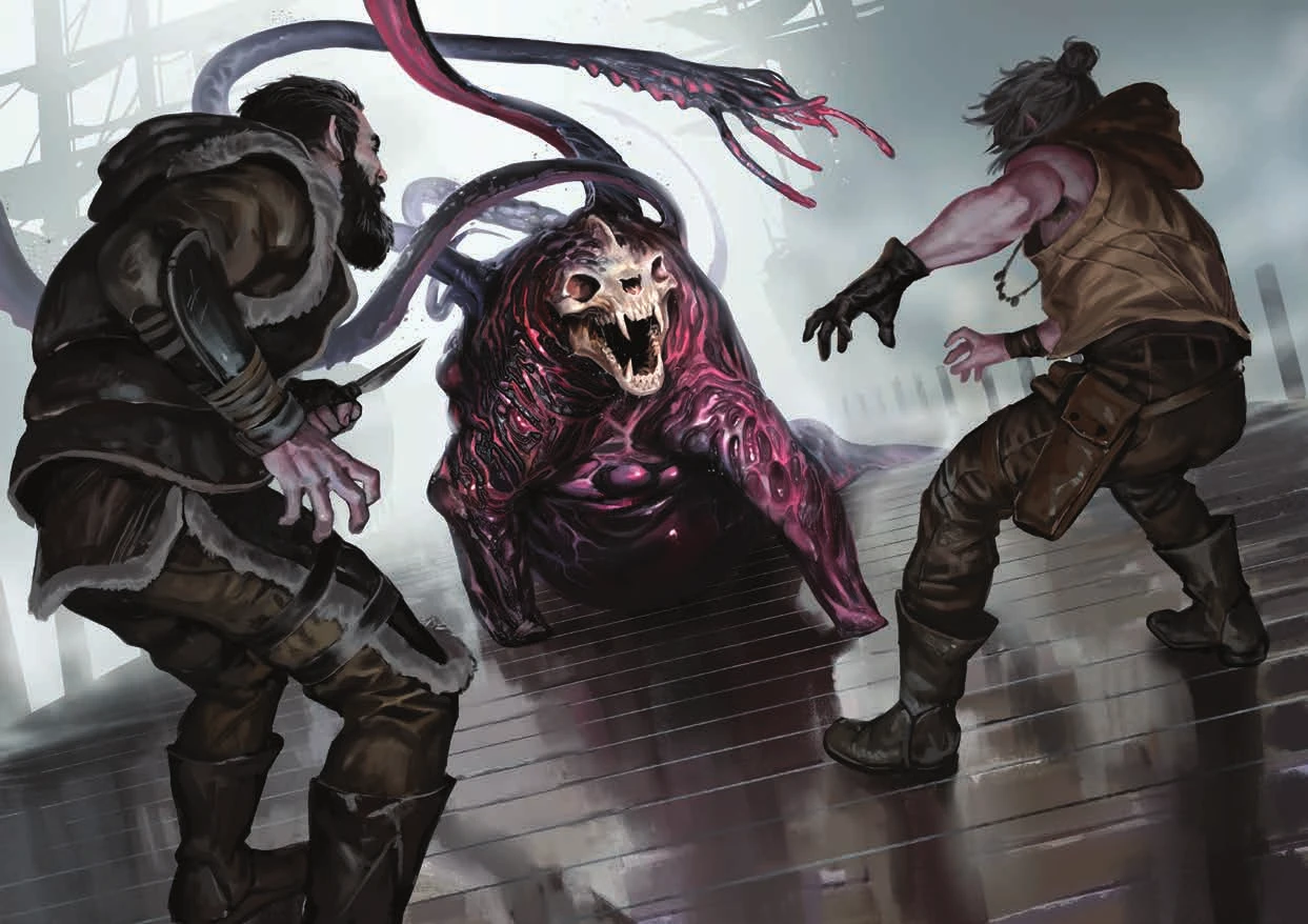 morse.webp {Un lion de mer monstrueux qui s'en prend à deux chasseurs}