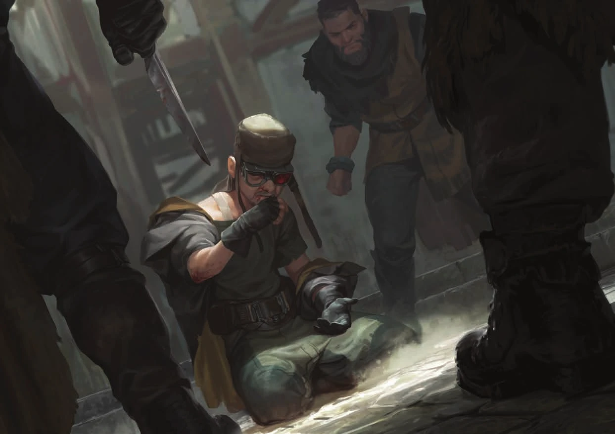 parel-attaque.webp {Un petit homme à terre entouré par trois balourds}